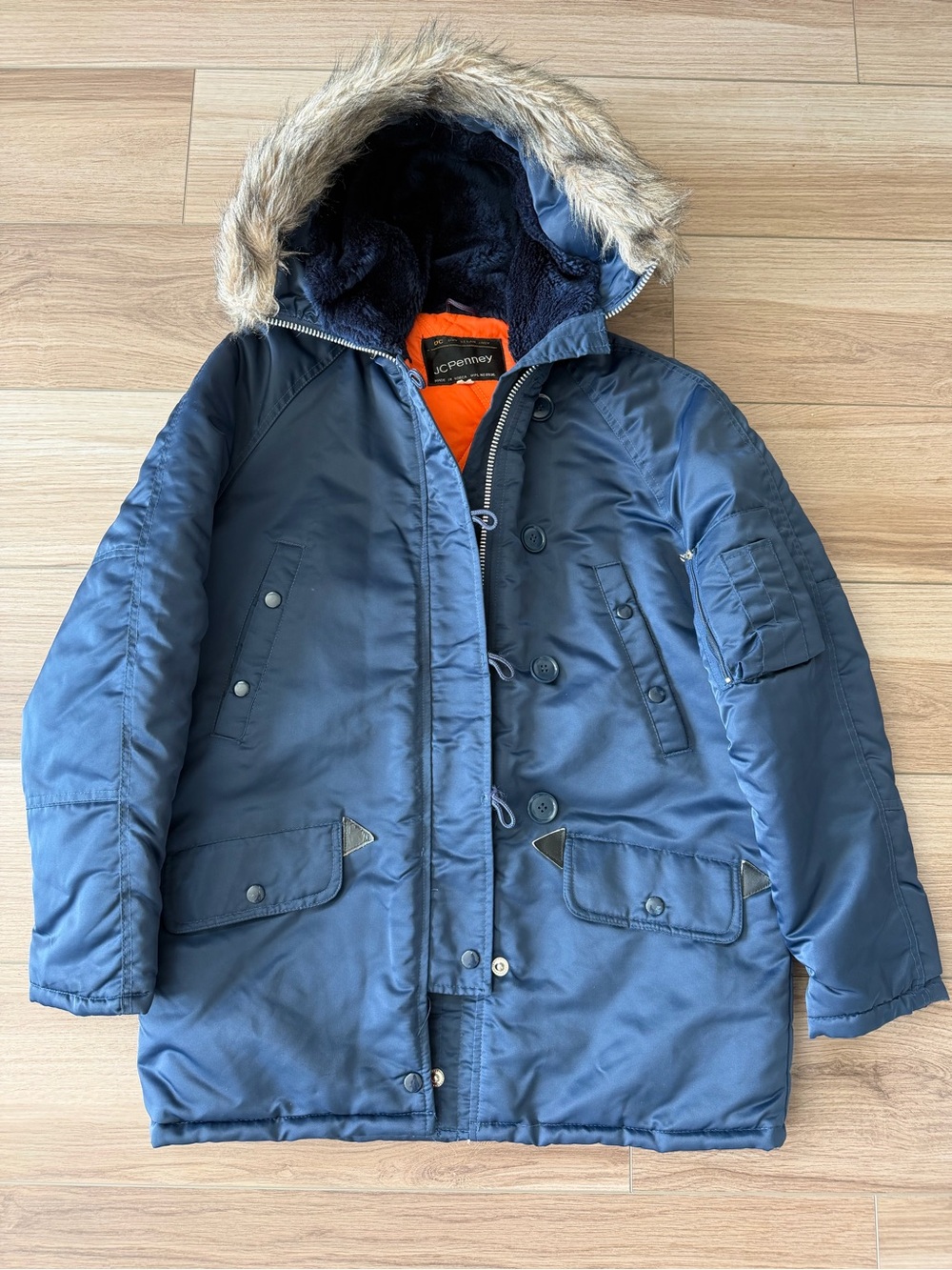 Vintage JCPenney 1980’s Fur Hood Navy Blue Puffer Coat